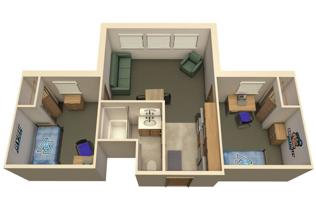 2 Bedroom / 2 Person Apartment layout with two bedrooms, a living area, kitchen, and bathroom.
